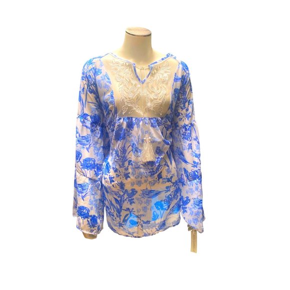 Maria Gabrielle Blue & White Floral Print Sheer & Sexy Blouse Size 2X - Picture 1 of 7